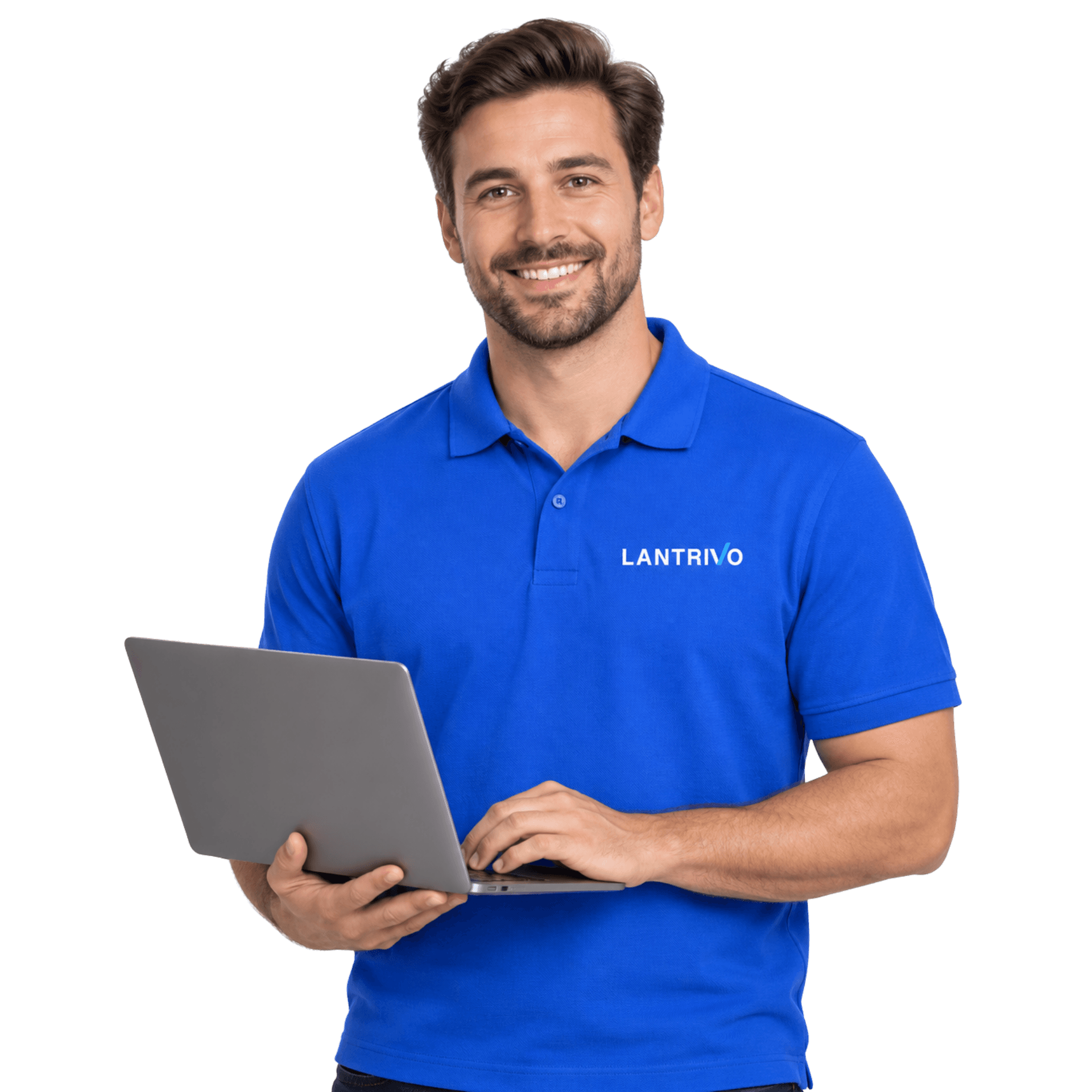 A LanTrivo team member holding a laptop